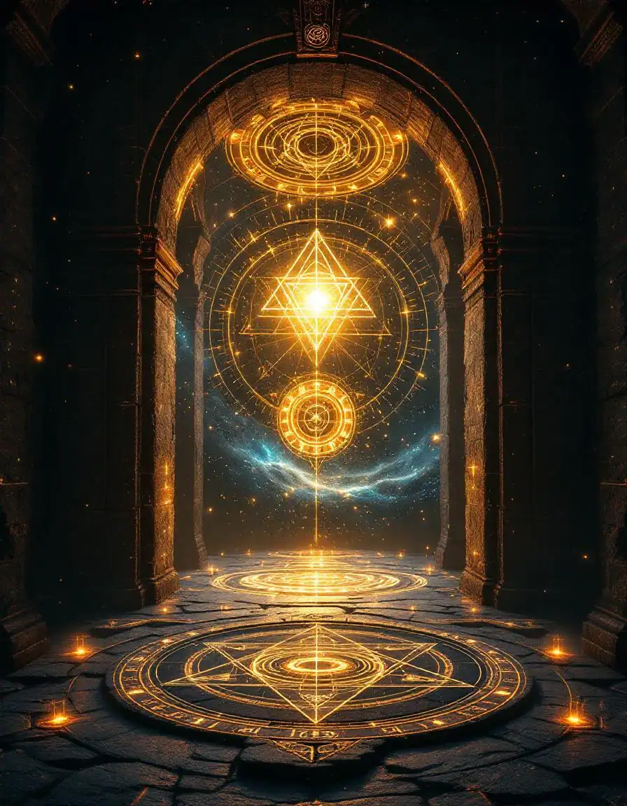 Simulation Hypothesis 3 Ancient stone temple archway with sacred geometry, is reality a simulation