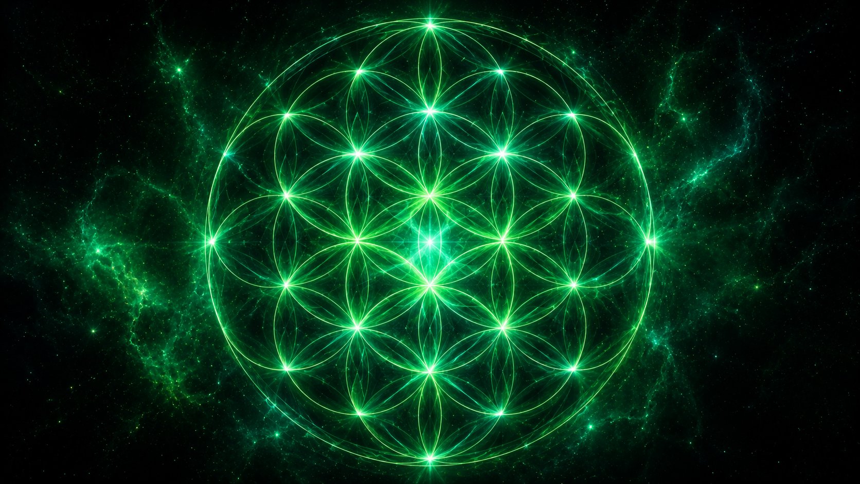 Glowing green Flower of Life pattern radiating on cosmic background