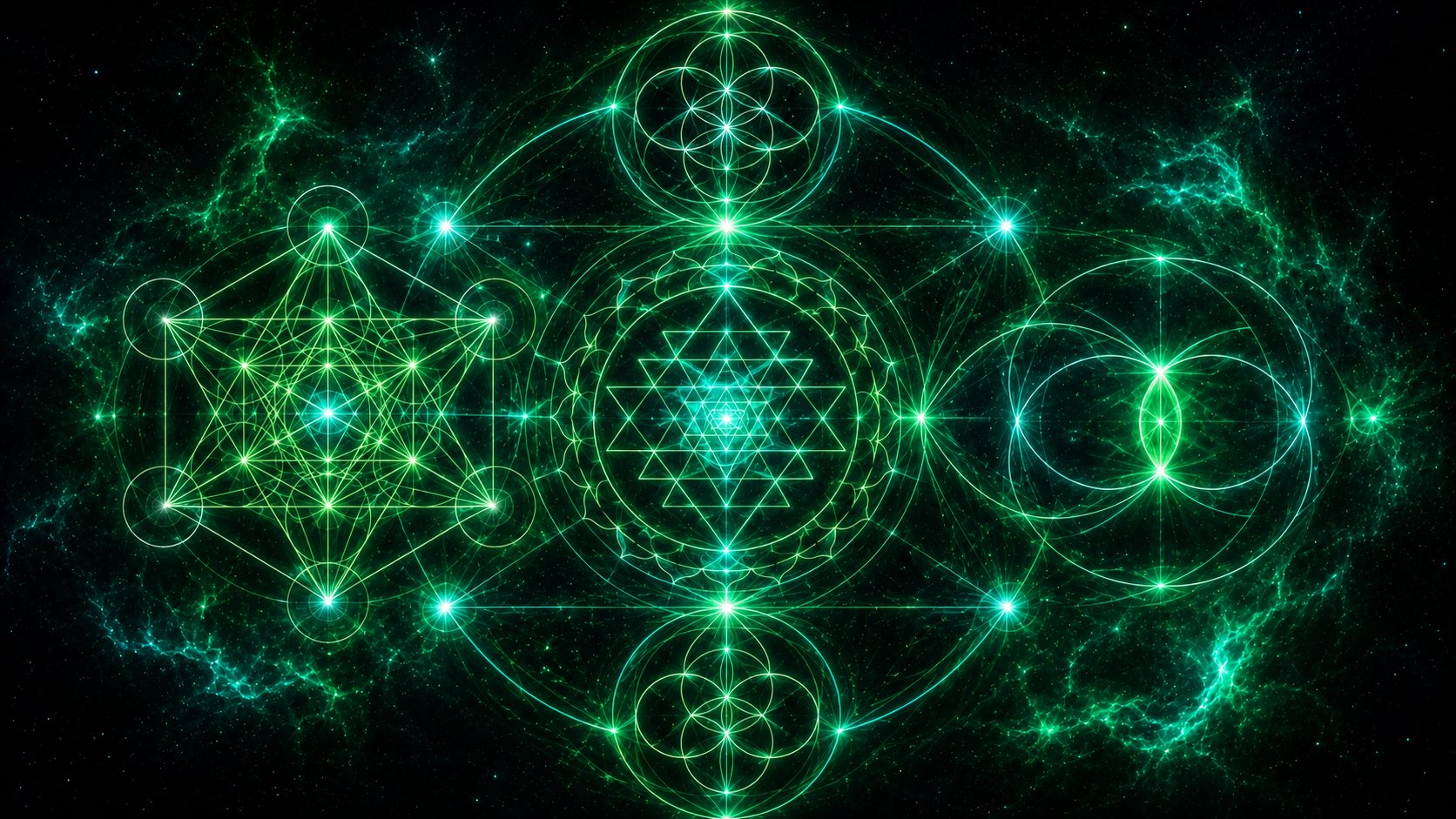 Metatron's Cube, Sri Yantra, and Flower of Life patterns combined in green cosmic field