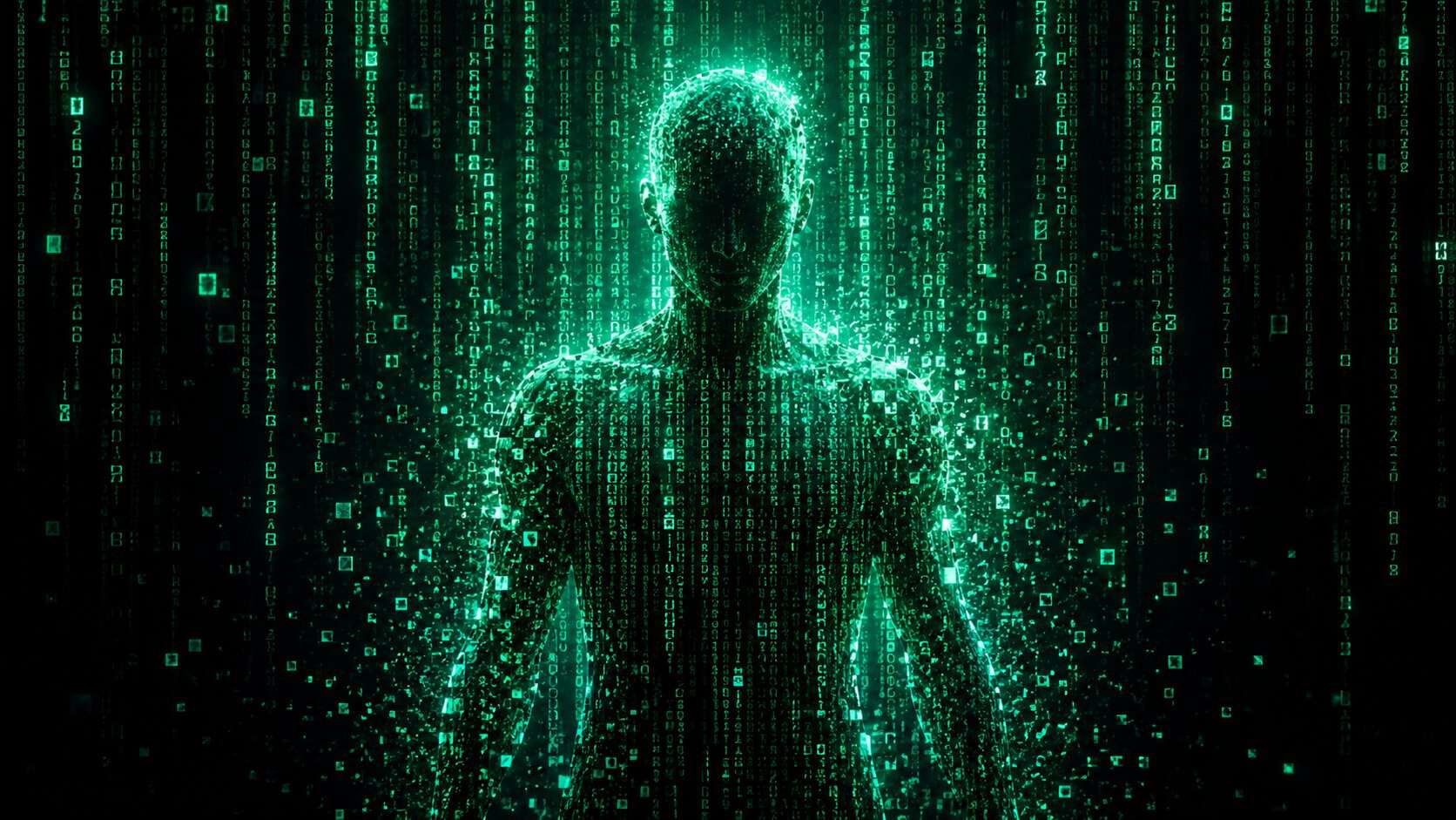Simulation theory illustrated: figure dissolving into matrix code reality