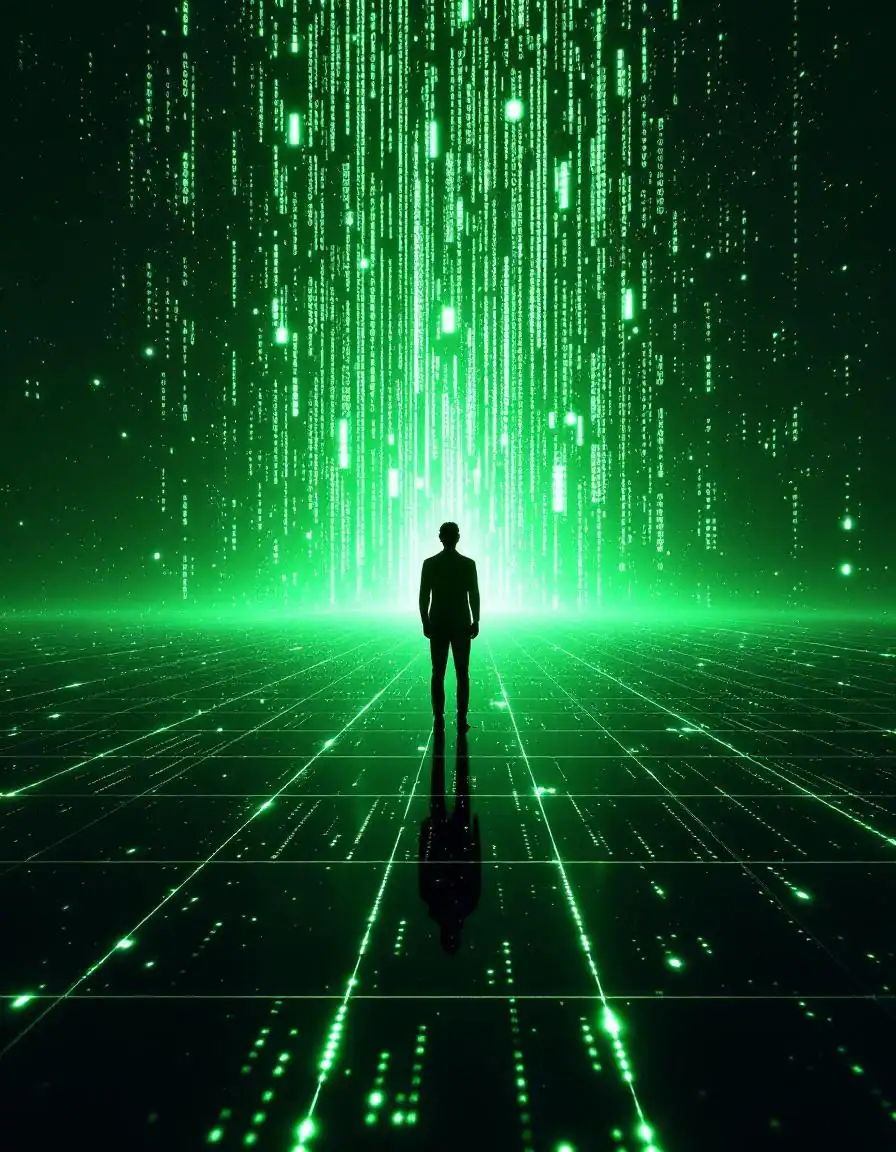 Simulation Hypothesis 2 Human silhouette at the edge of a dissolving digital grid, simulation hypothesis visualized