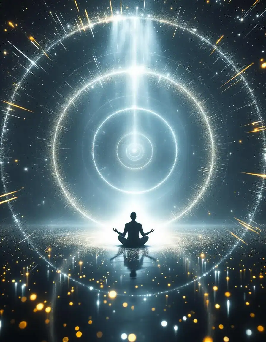 Meditating figure with awareness expanding into infinite space