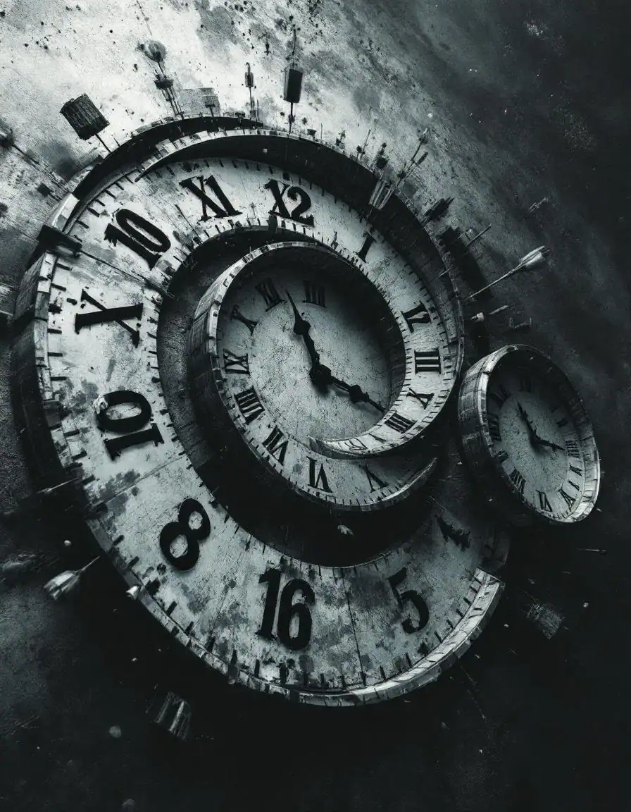 Surreal clock frozen in a time loop, deja vu memory architecture