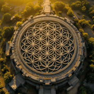 Aerial view of an ancient circular temple with intricate geometric patterns, surrounded by lush gree.