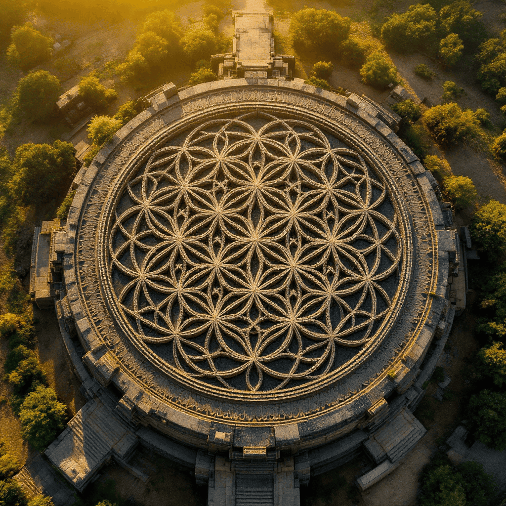 Aerial view of an ancient circular temple with intricate geometric patterns, surrounded by lush gree.