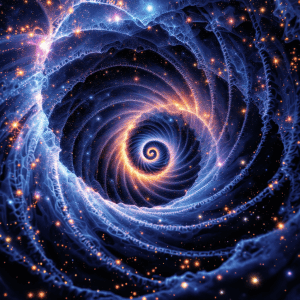 A mesmerizing digital artwork of a cosmic spiral galaxy with vibrant blue and orange hues.