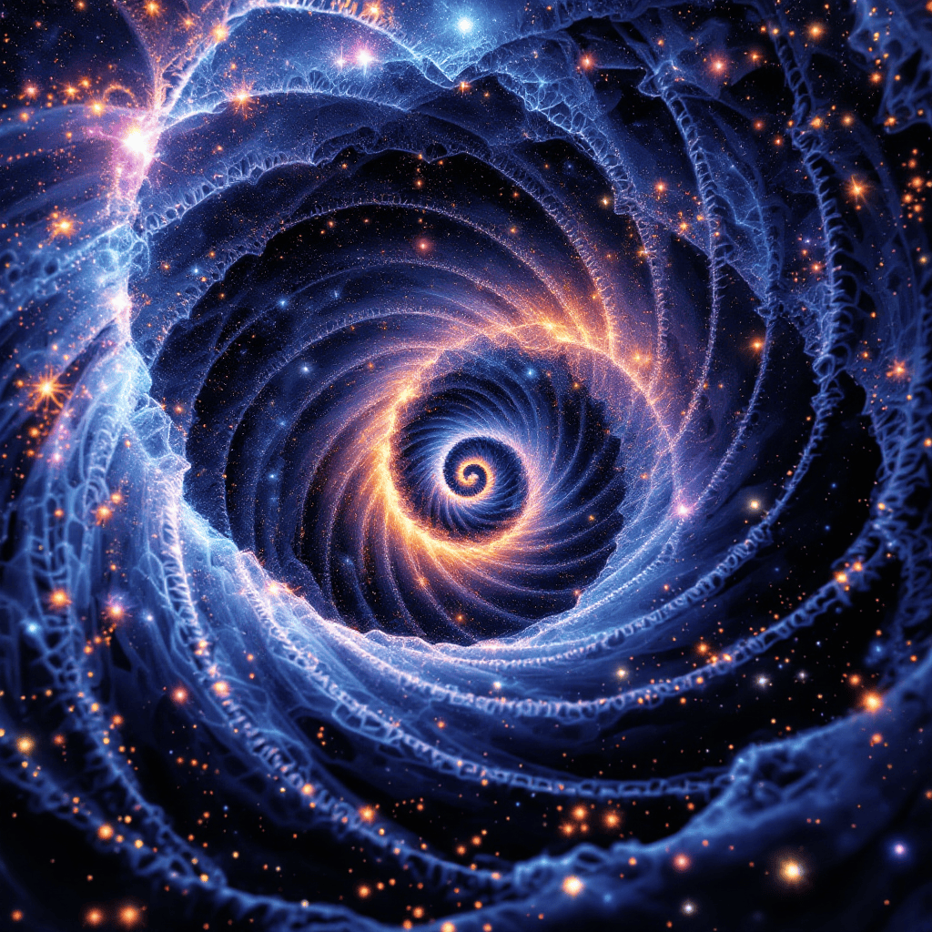 A mesmerizing digital artwork of a cosmic spiral galaxy with vibrant blue and orange hues.