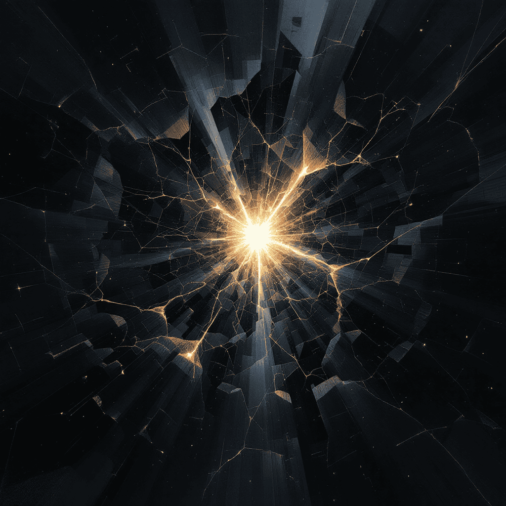 Dynamic energy burst with bright light and dark cosmic background.