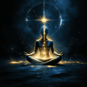 Meditating person surrounded by glowing cosmic light and energy fields.