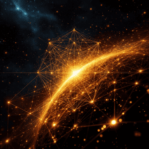 Digital universe with interconnected glowing nodes and cosmic background.