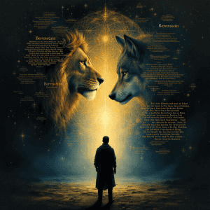 Enigmatic lion and wolf face-off in a cosmic setting, symbolizing strength and mystery in a surreal,.