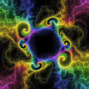 A colorful fractal design featuring swirling neon patterns in green, yellow, blue, pink, and purple,.