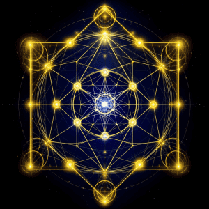 Intricate golden sacred geometric energy pattern with glowing lines and nodes against a dark backgro.