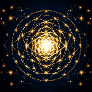 Intricate glowing sacred geometric pattern with luminous circles and lines on a dark background.