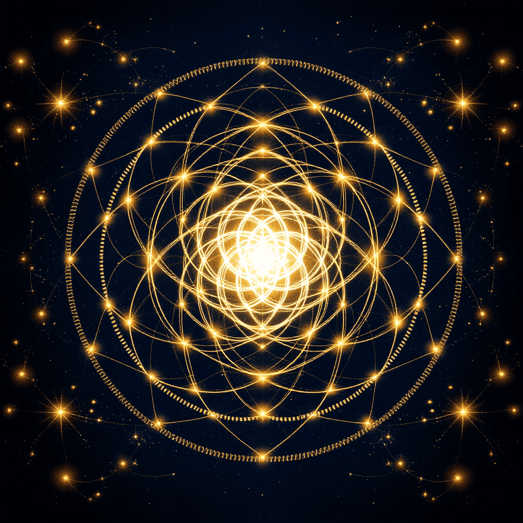 Intricate glowing sacred geometric pattern with luminous circles and lines on a dark background.