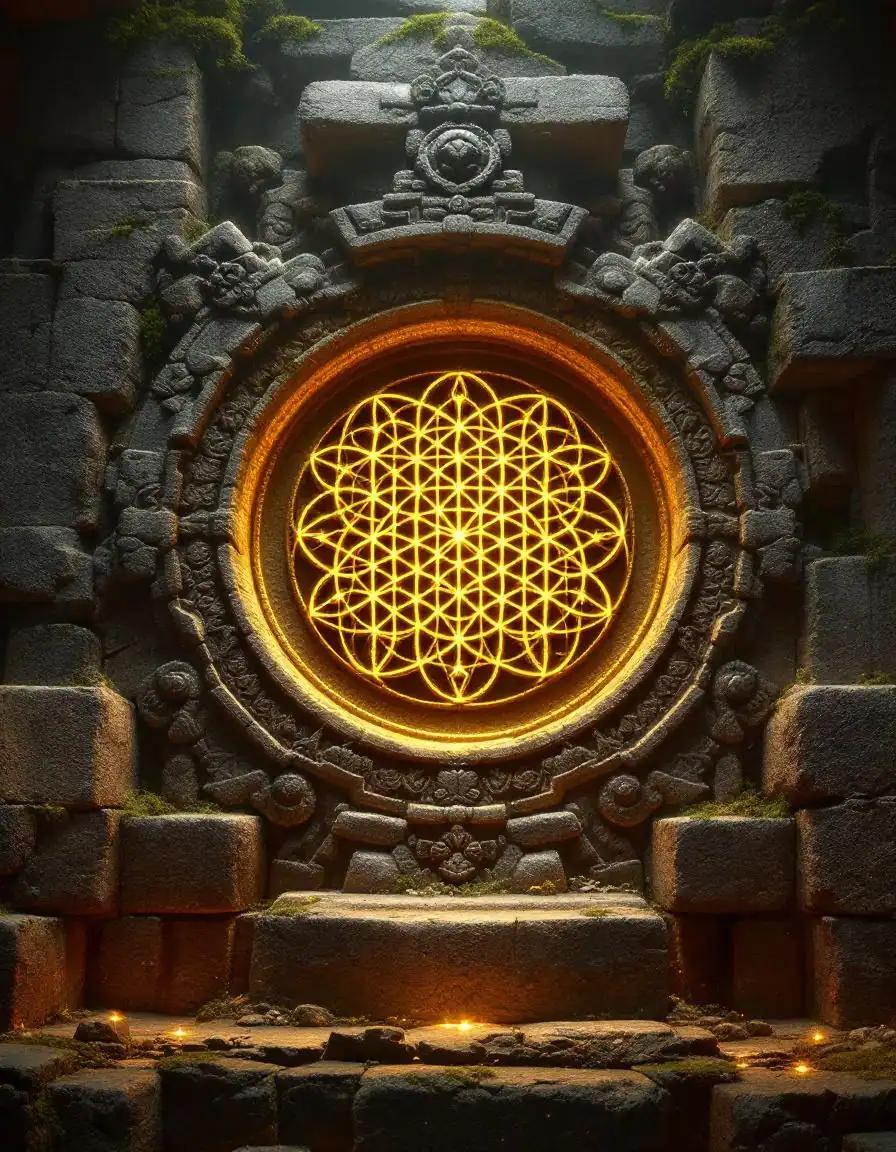 Ancient stone temple carving of the Flower of Life glowing with golden light