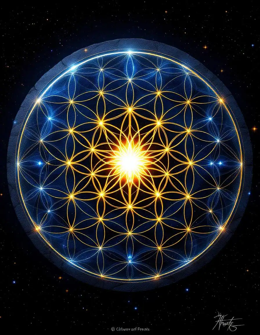 Overlapping circles forming the Flower of Life in luminous blue and gold
