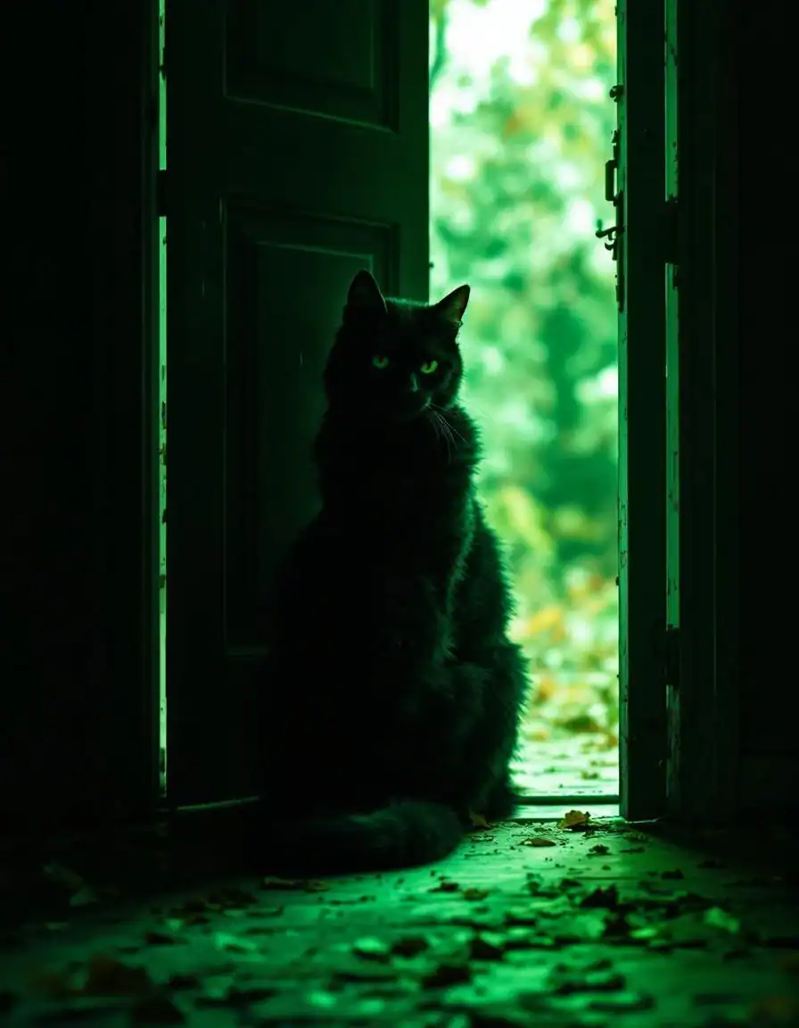 Black cat appearing twice simultaneously in the same doorway, matrix glitch