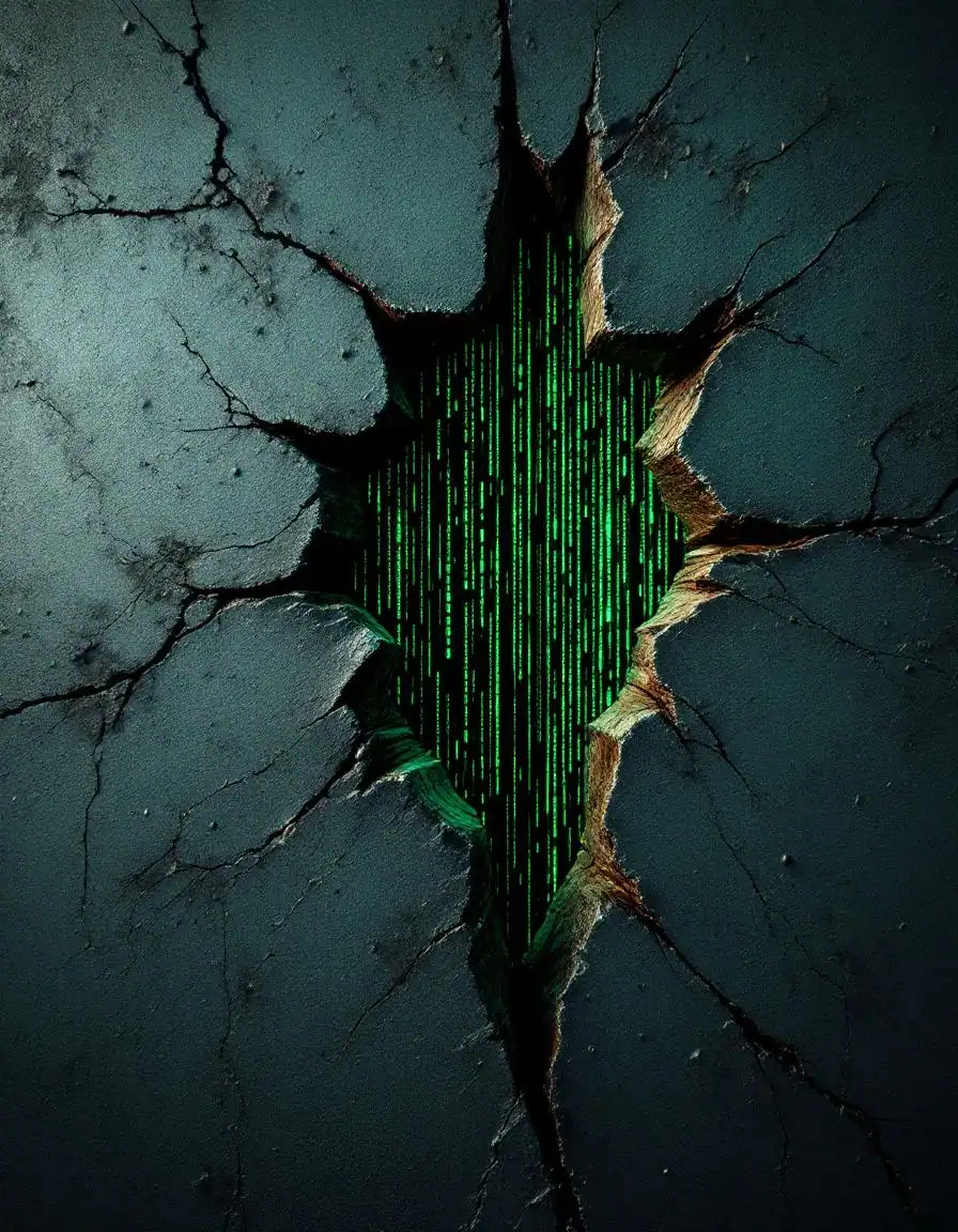 Stone wall cracking open to reveal flowing digital code, glitch in the matrix