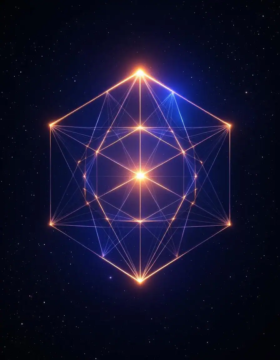 Glowing cosmic octahedron in deep space, unity consciousness Law of One