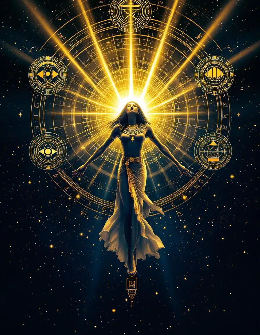 Ra deity radiating golden light with sacred geometry, Law of One
