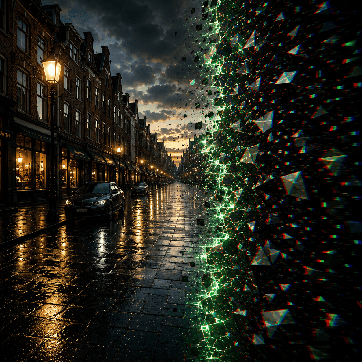 Are we living in a simulation: a dark urban scene rendered like a high-fidelity video game, the visible world as projected architecture