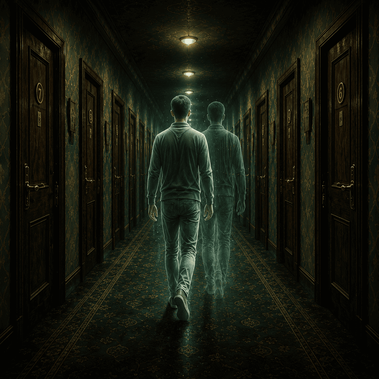 Deja vu meaning: infinite hallway of identical doors with overlapping figures caught between frames