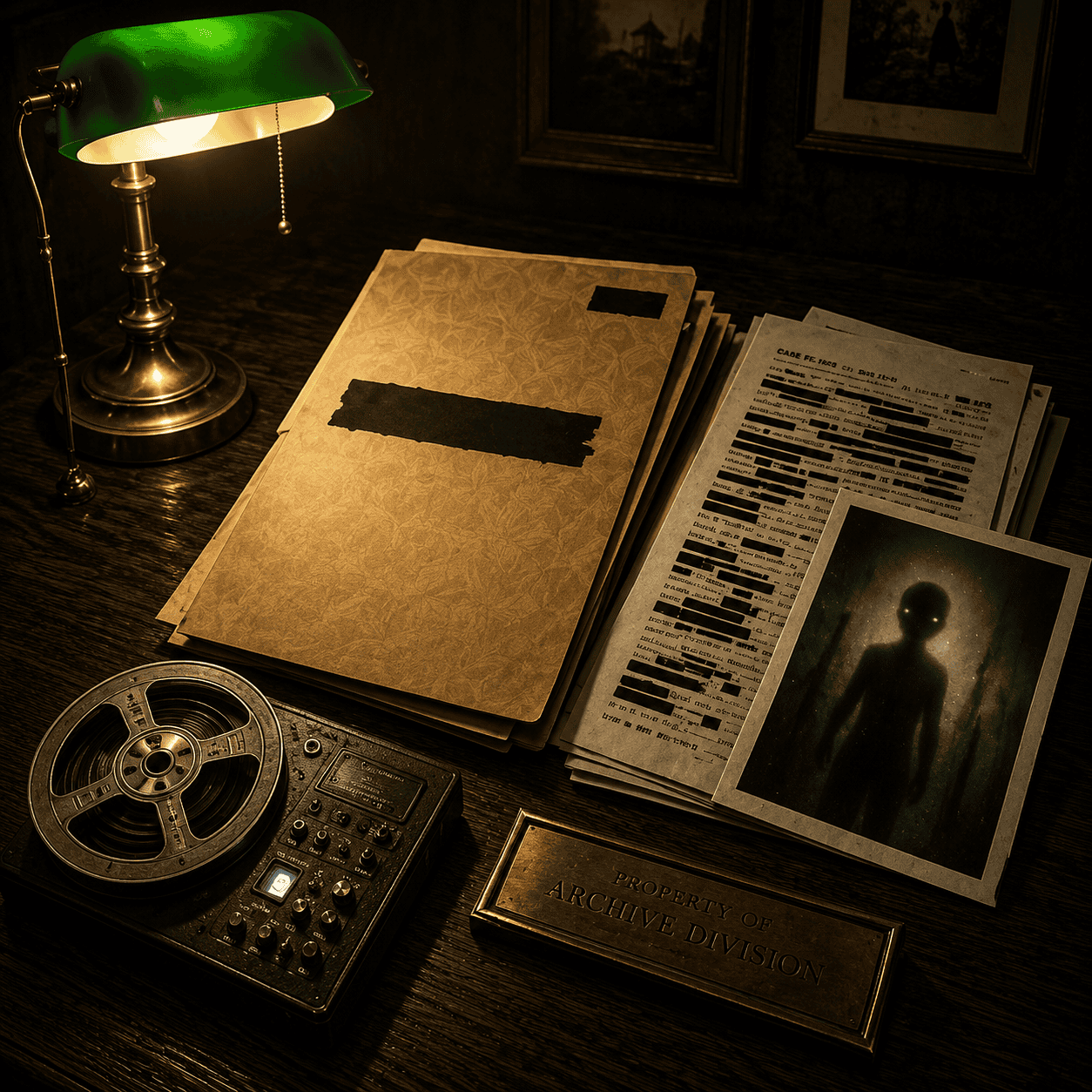 Alien Interview and The Domain: vintage 1947 military folder with redacted pages on wooden desk