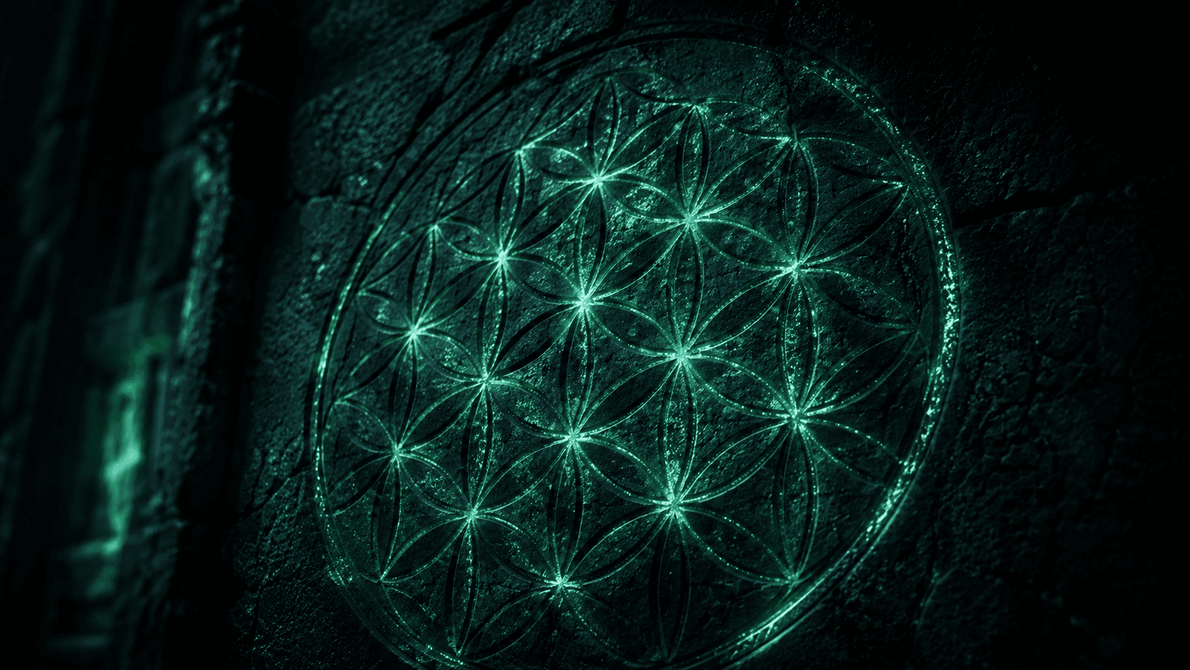 Sacred geometry patterns glowing emerald on dark stone, vesica piscis and golden spirals
