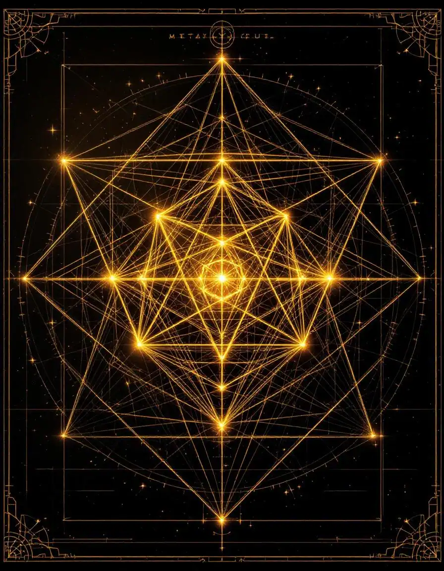 Metatron's cube with glowing platonic solids, sacred geometry