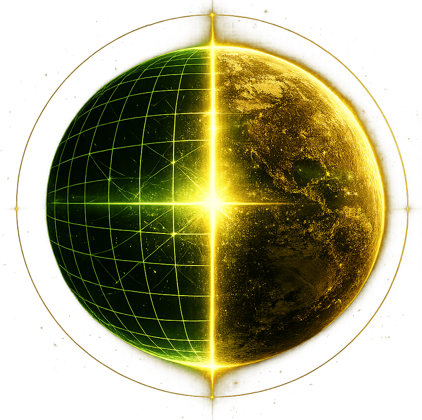 The Illusion: the rendered green wireframe layer of reality dissolving into the gold physical earth, unified by the cross of light at the center where observation collapses possibility into form