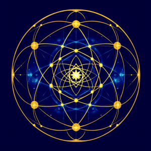 Intricate sacred geometric energy pattern with glowing gold and blue elements on dark background.