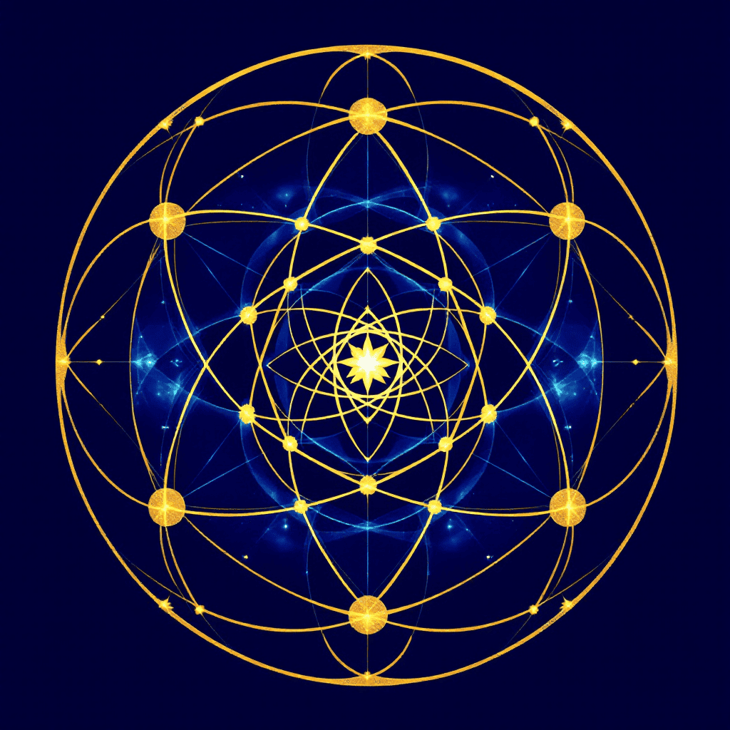 Intricate sacred geometric energy pattern with glowing gold and blue elements on dark background.
